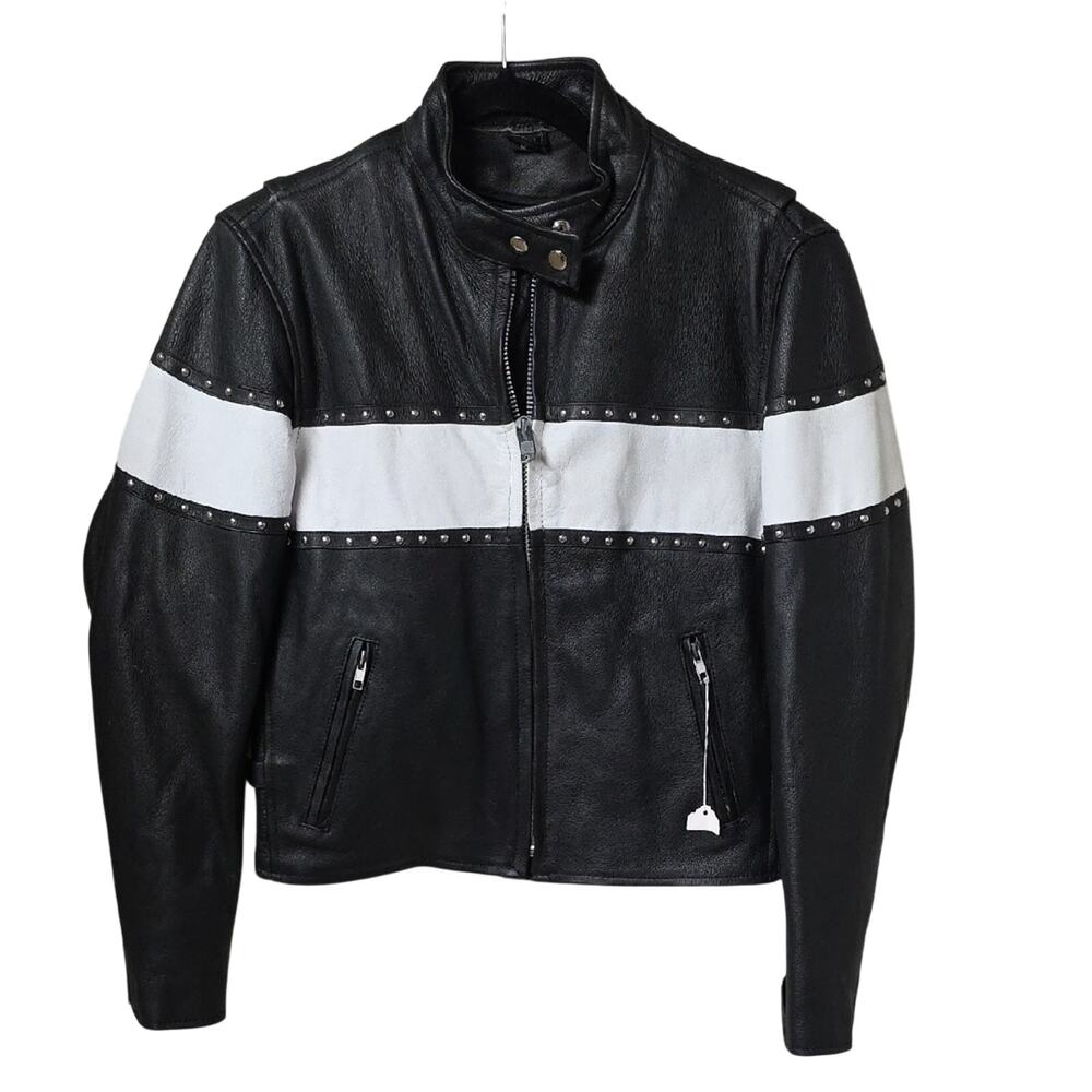 Unik Black and White Studded Motorcycle Leather Jacket Womens Size Medium NEW